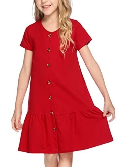 Girls Short Sleeve Button Down Dress Solid Color Casual Ruffled Sundress Kids T-Shirt Dresses