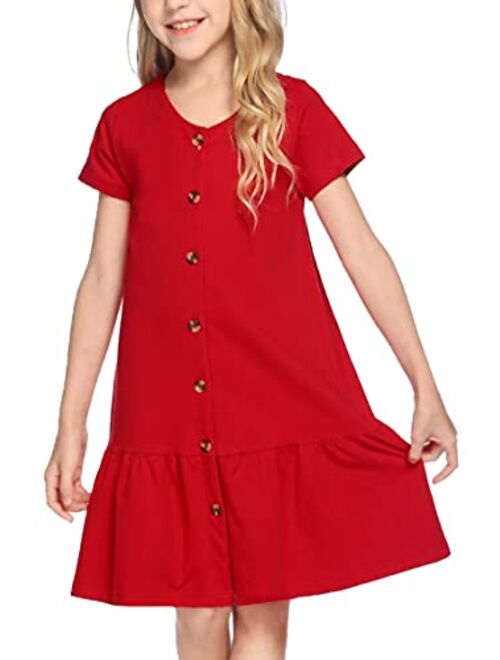 Arshiner Girls Short Sleeve Button Down Dress Solid Color Casual Ruffled Sundress Kids T-Shirt Dresses