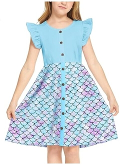 Girls Dress Flutter Sleeve A-Line Button Down Sundress Casual Midi Dresses for 4-12 Years Kids