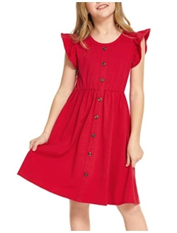 Girls Dress Flutter Sleeve A-Line Button Down Sundress Casual Midi Dresses for 4-12 Years Kids