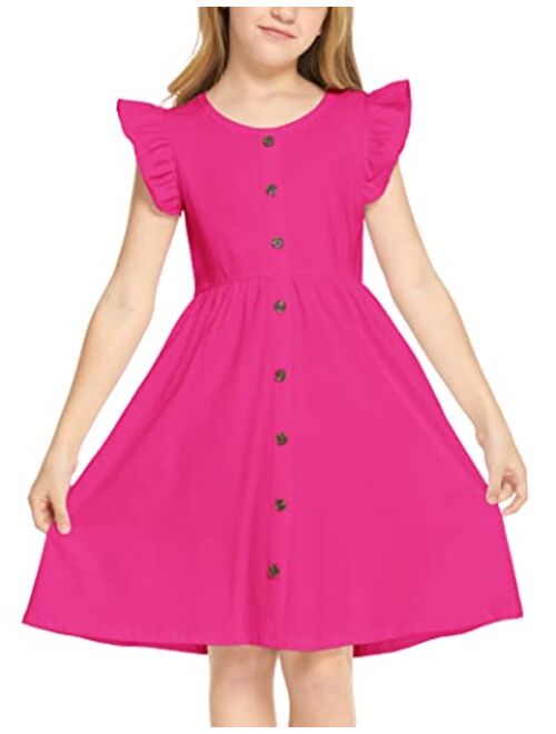 Arshiner Girls Dress Flutter Sleeve A-Line Button Down Sundress Casual Midi Dresses for 4-12 Years Kids