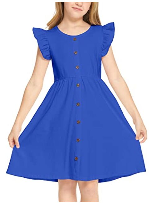 Arshiner Girls Dress Flutter Sleeve A-Line Button Down Sundress Casual Midi Dresses for 4-12 Years Kids