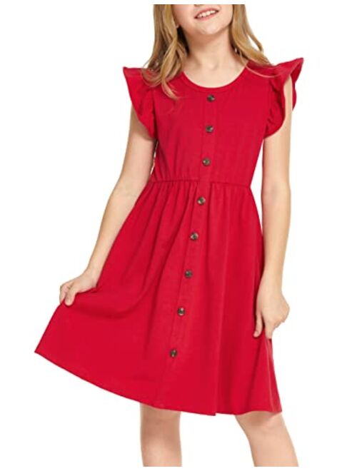 Arshiner Girls Dress Flutter Sleeve A-Line Button Down Sundress Casual Midi Dresses for 4-12 Years Kids