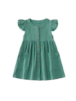 PATPAT Toddler Baby Girl Dress Summer Cotton Linen Dress Ruffle Sleeveless Casual Boho Outfits