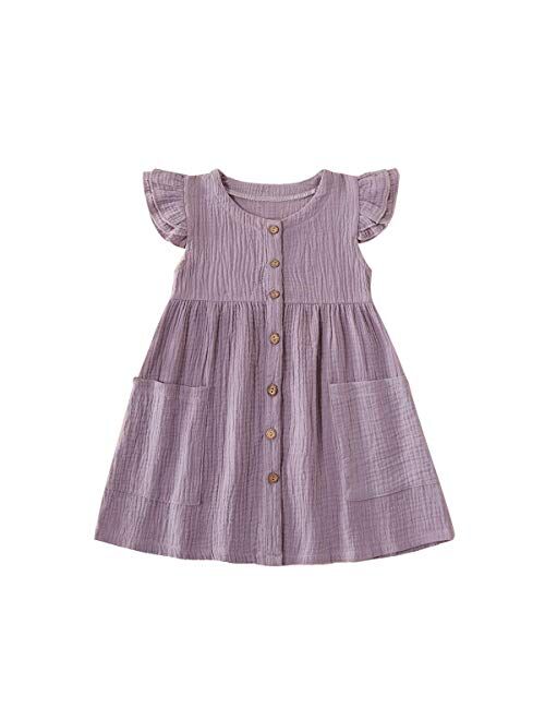 PATPAT Toddler Baby Girl Dress Summer Cotton Linen Dress Ruffle Sleeveless Casual Boho Outfits