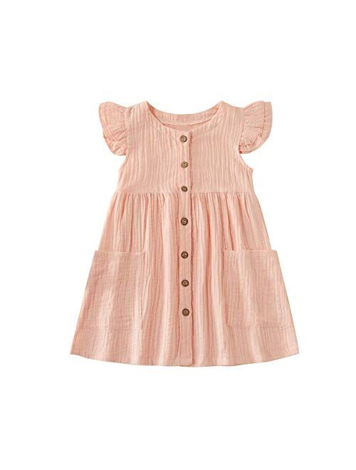 PATPAT Toddler Baby Girl Dress Summer Cotton Linen Dress Ruffle Sleeveless Casual Boho Outfits