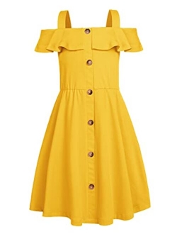 Greatchy Girls Summer Dress Cotton Button Cold Shoulder Ruffles Spaghetti Strap Casual Sundress Beach Sleeveless Midi Dress