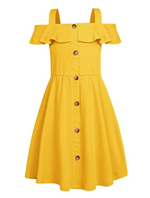 Greatchy Girls Summer Dress Cotton Button Cold Shoulder Ruffles Spaghetti Strap Casual Sundress Beach Sleeveless Midi Dress