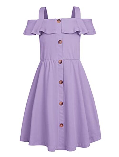 Greatchy Girls Summer Dress Cotton Button Cold Shoulder Ruffles Spaghetti Strap Casual Sundress Beach Sleeveless Midi Dress