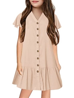 Ermonn Girls Ruffle Button-Down Short Sleeve Casual A Line Swing Party Dress for 5-14 Years Kids