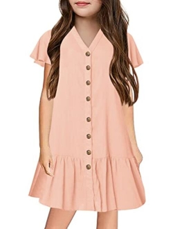 Ermonn Girls Ruffle Button-Down Short Sleeve Casual A Line Swing Party Dress for 5-14 Years Kids