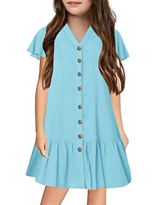 Ermonn Girls Ruffle Button-Down Short Sleeve Casual A Line Swing Party Dress for 5-14 Years Kids