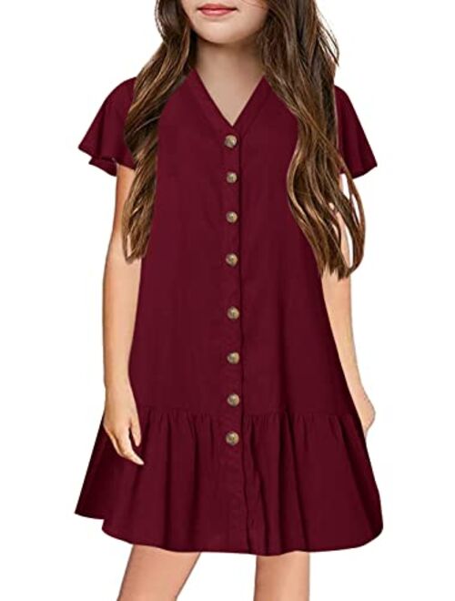 Ermonn Girls Ruffle Button-Down Short Sleeve Casual A Line Swing Party Dress for 5-14 Years Kids