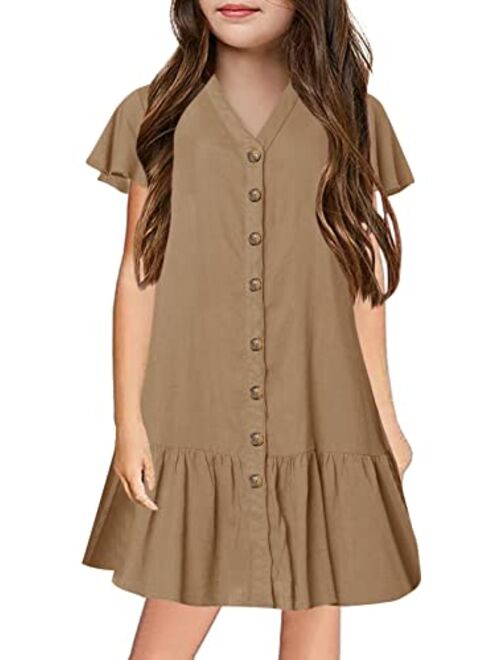 Ermonn Girls Ruffle Button-Down Short Sleeve Casual A Line Swing Party Dress for 5-14 Years Kids