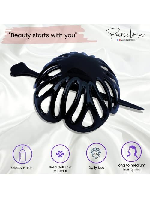 Parcelona French Radial Celluloid Chignon Hair Slide Pin Thru 3.5" Bun Cover Ponytail Holder Hair Updo Dome Round Hair Clips for Women, Made in France