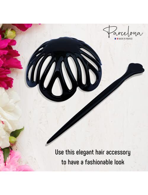 Parcelona French Radial Celluloid Chignon Hair Slide Pin Thru 3.5" Bun Cover Ponytail Holder Hair Updo Dome Round Hair Clips for Women, Made in France