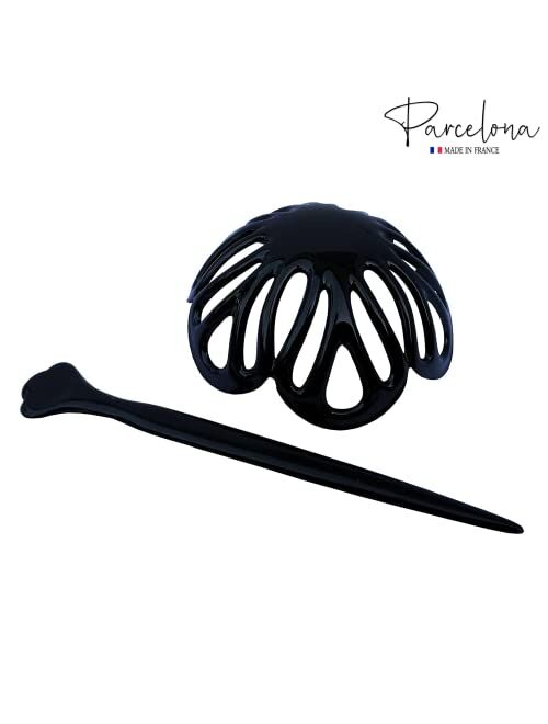 Parcelona French Radial Celluloid Chignon Hair Slide Pin Thru 3.5" Bun Cover Ponytail Holder Hair Updo Dome Round Hair Clips for Women, Made in France