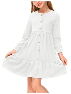 BesserBay Girls Button Down Long Sleeve Tiered Swing Midi Dress with Pockets 4-12 Years