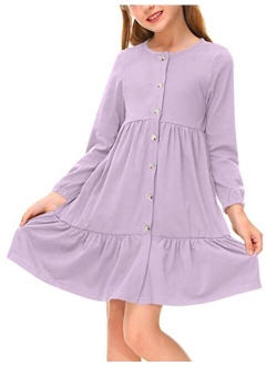 BesserBay Girls Button Down Long Sleeve Tiered Swing Midi Dress with Pockets 4-12 Years