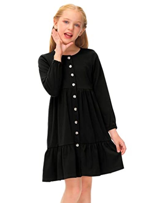 BesserBay Girls Button Down Long Sleeve Tiered Swing Midi Dress with Pockets 4-12 Years