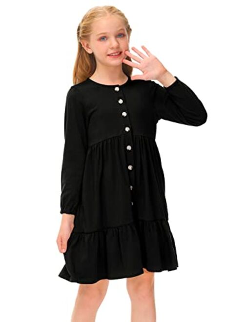 BesserBay Girls Button Down Long Sleeve Tiered Swing Midi Dress with Pockets 4-12 Years