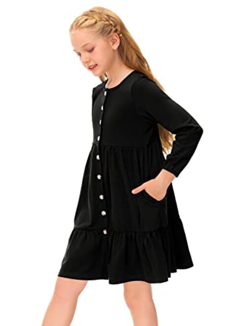 BesserBay Girls Button Down Long Sleeve Tiered Swing Midi Dress with Pockets 4-12 Years