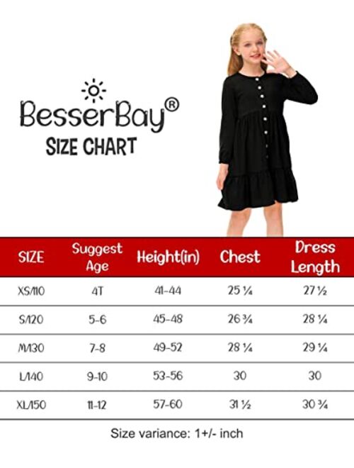 BesserBay Girls Button Down Long Sleeve Tiered Swing Midi Dress with Pockets 4-12 Years