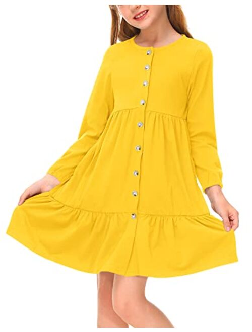 BesserBay Girls Button Down Long Sleeve Tiered Swing Midi Dress with Pockets 4-12 Years