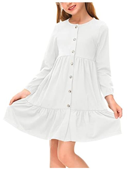 BesserBay Girls Button Down Long Sleeve Tiered Swing Midi Dress with Pockets 4-12 Years