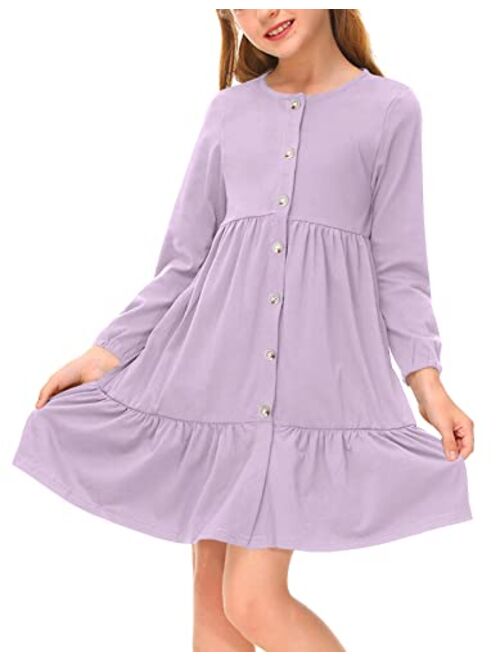 BesserBay Girls Button Down Long Sleeve Tiered Swing Midi Dress with Pockets 4-12 Years