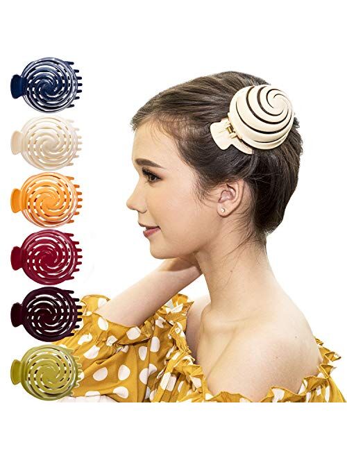 RC ROCHE ORNAMENT 6 Pcs Womens Spiral Dome Bun Maker Cover Round Clam Shell Stylish Spiral No Slip Grip Side Slide Beauty Accessory Hair Claw Clamp Clip, Large Black and 