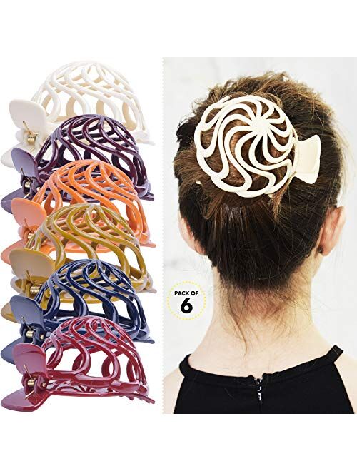 RC ROCHE ORNAMENT 6 Pcs Womens Shell Dome Round Circle Stylish Plastic Strong Grip Hinge Side Slide Bun Maker Clips Girls Beauty Accessory Hair Clip, Large Classic Multic