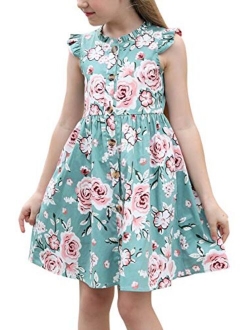 GORLYA Girl's Ruffle Trim Sleeve Button Down Floral Print Casual Vintage Midi Dress with Pockets for 4-12 Years Kids