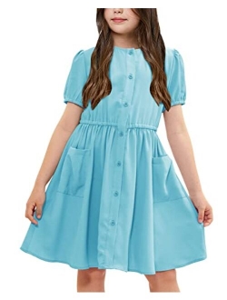 Ermonn Girl's Puff Sleeve A-Line Swing Button Down Solid Party Holiday Dress with Pockets for 5-14 Years Kids