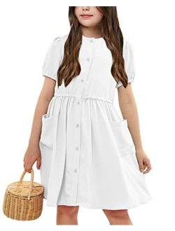 Ermonn Girl's Puff Sleeve A-Line Swing Button Down Solid Party Holiday Dress with Pockets for 5-14 Years Kids