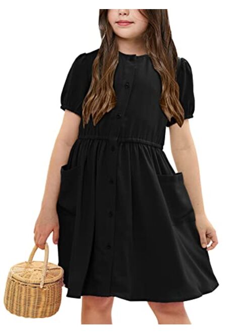 Ermonn Girl's Puff Sleeve A-Line Swing Button Down Solid Party Holiday Dress with Pockets for 5-14 Years Kids