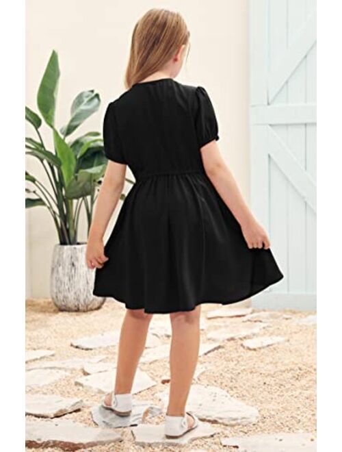 Ermonn Girl's Puff Sleeve A-Line Swing Button Down Solid Party Holiday Dress with Pockets for 5-14 Years Kids