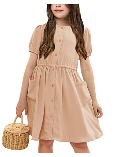 Ermonn Girl's Puff Sleeve A-Line Swing Button Down Solid Party Holiday Dress with Pockets for 5-14 Years Kids