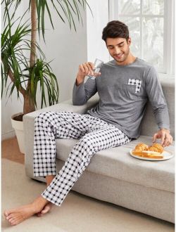 Men Gingham Patched Pocket PJ Set