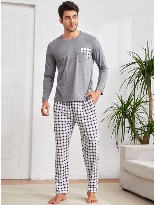 Shein Men Gingham Patched Pocket PJ Set