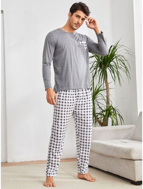 Shein Men Gingham Patched Pocket PJ Set