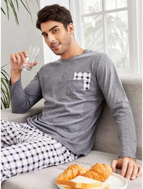 Shein Men Gingham Patched Pocket PJ Set