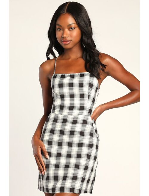 Lulus Sweetest Memory Black Plaid Lace-Up Mini Dress With Pockets