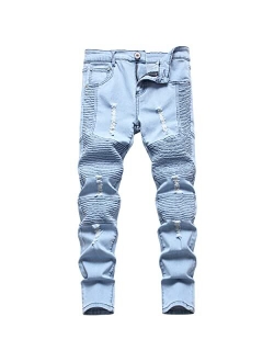 JLLDS LKMQA Boy's Ripped Distressed Moto Biker Skinny Fit Stretch Slim Denim Pants Jeans