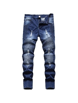 JLLDS LKMQA Boy's Ripped Distressed Moto Biker Skinny Fit Stretch Slim Denim Pants Jeans