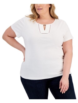 KAREN SCOTT Plus Size Cotton Embellished Top, Created for Macy's