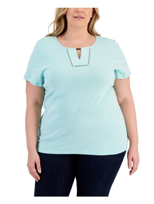 KAREN SCOTT Plus Size Cotton Embellished Top, Created for Macy's