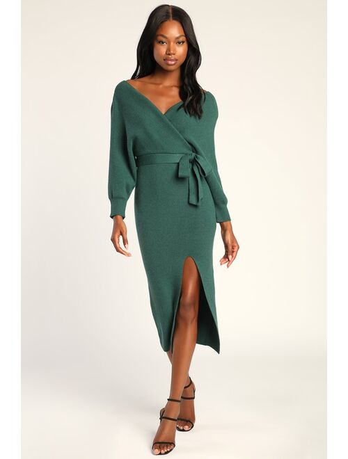 Lulus Fall into Fashion Dark Green Dolman Sleeve Sweater Midi Dress