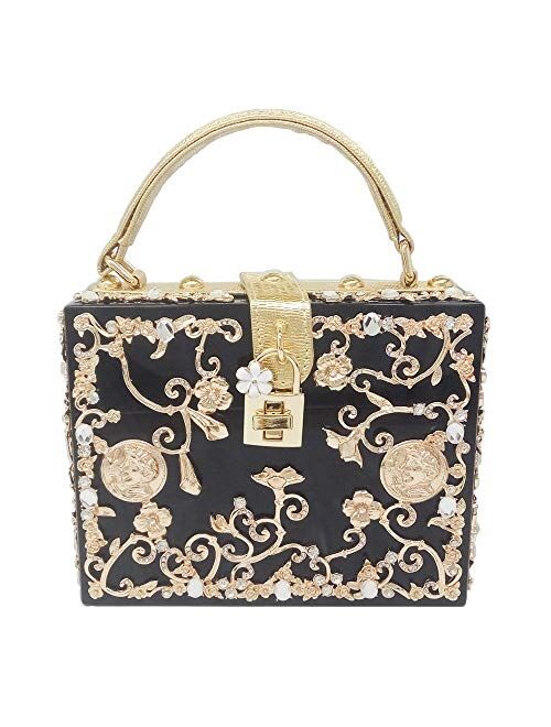 Boutique De FGG Acrylic & Flower Designer Shoulder Bags for Women Crossbody Bag Rhinestones Top-Handle Box Tote Handbags