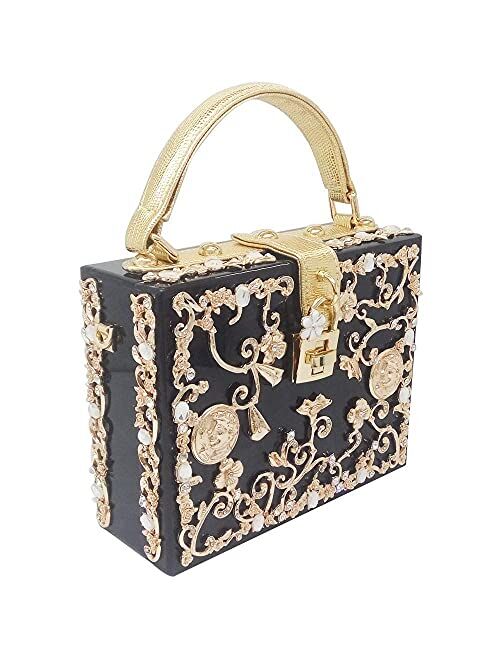 Boutique De FGG Acrylic & Flower Designer Shoulder Bags for Women Crossbody Bag Rhinestones Top-Handle Box Tote Handbags